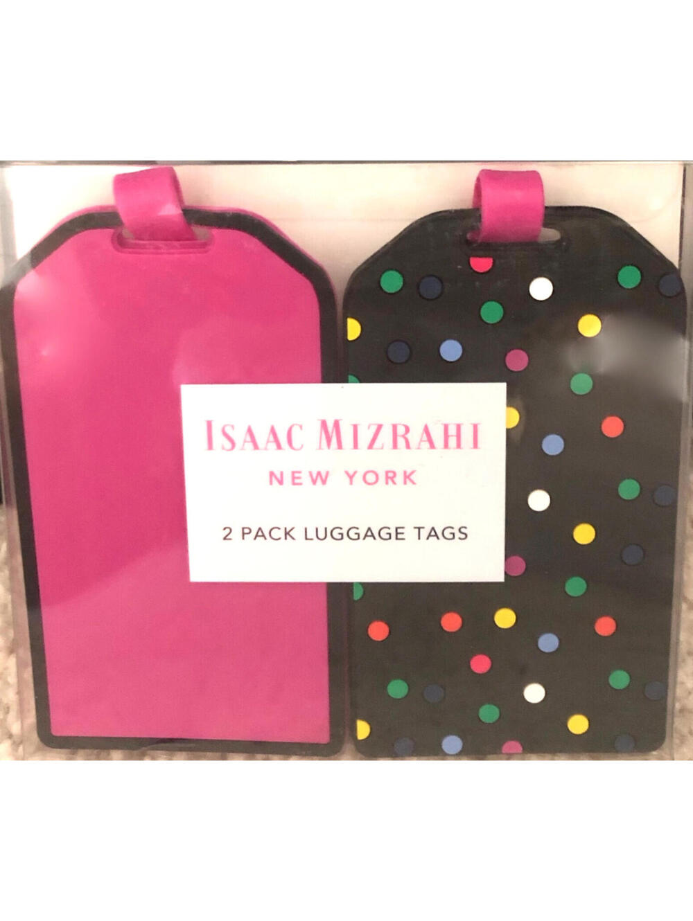 NWT Isaac Mizrahi 2-Pack Luggage Tags Pink Black Polka Dot Print Durable Rubber